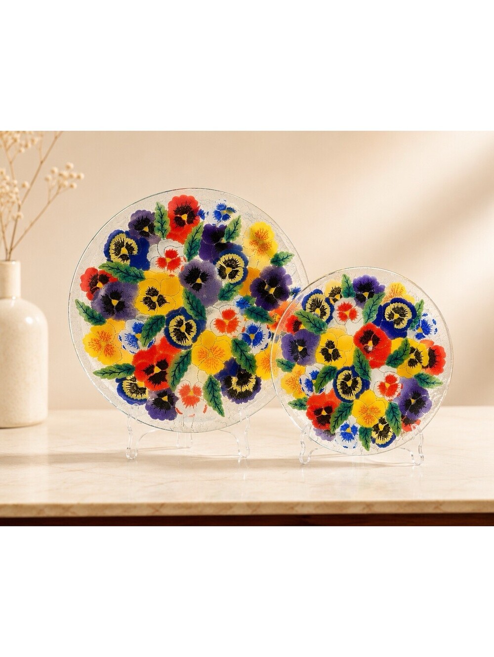 Peggy Karr 1990s Fused Art Glass Pansies Plate 20” & Platter 13.5”